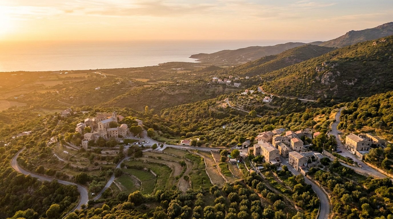 Vue sur la plaine orientale et le littoral de la Casinca au coucher du soleil